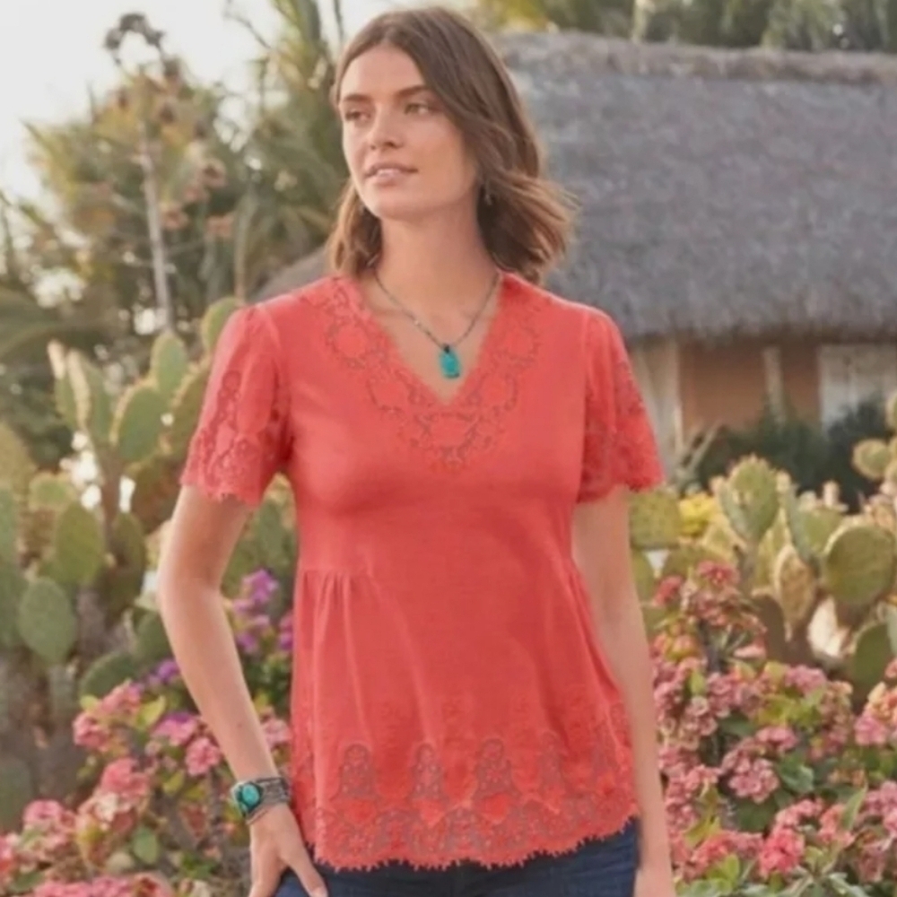 Sundance Orange Lace Trim V Neck Short Sleeve Top Size Medium